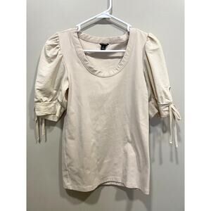Ann Taylor Puff Sleeve Tie Cotton Ivory Blouse Preppy Womens Size XS
